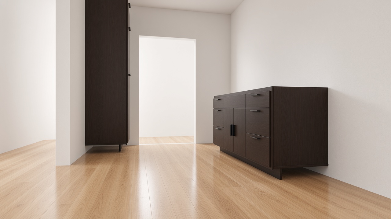 Photoreal AI render of a custom vanity and tall cabinet, generated from the exact cabinet geometry designed in WoodWright