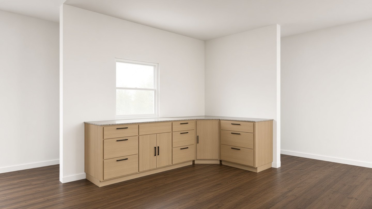 Photoreal AI render of an L-shaped run of white-oak base cabinets with a stone top in a bright room, rendered from the same WoodWright model that produced its cut list