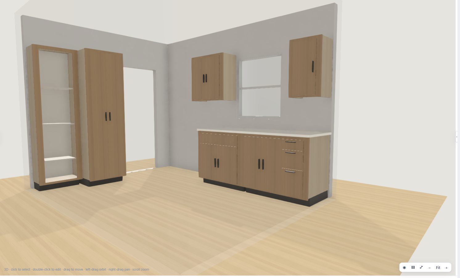 WoodWright's real 3D room view — the sample kitchen that ships with the app: a base run with counters under a window, wall cabinets, tall pantry and open shelf unit