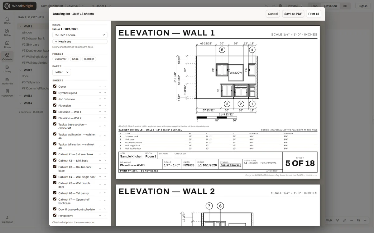 Sheet 5 of 18 in the WoodWright 1.0 drawing set for the Sample Kitchen: the elevation of wall 1 at 1/4 inch to the foot with its dimension strings and scale bar, the wall's cabinet schedule, and the title block, issue 1 for approval