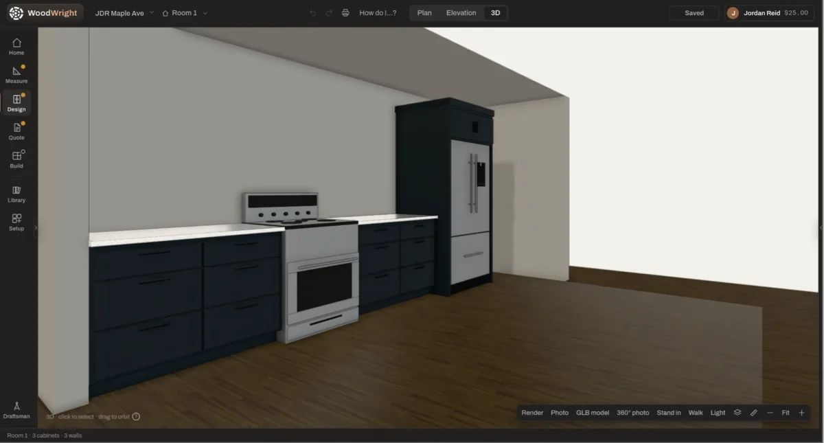 A navy shaker run with a range and a paneled fridge in WoodWright's 3D view