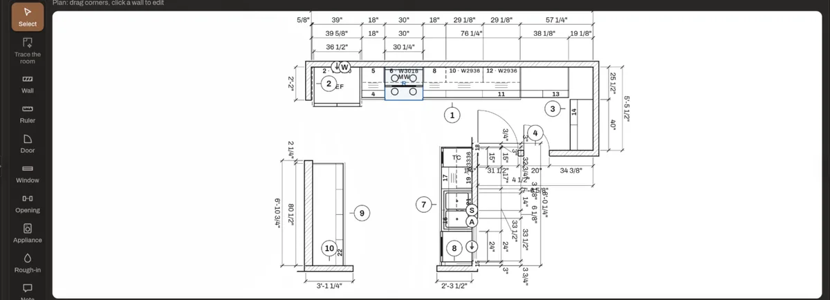 WoodWright's Measure station: a kitchen plan with every wall, opening and cabinet run dimensioned