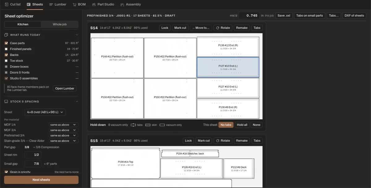 WoodWright's sheet optimizer: one nested sheet with each part labeled by number, cabinet and size