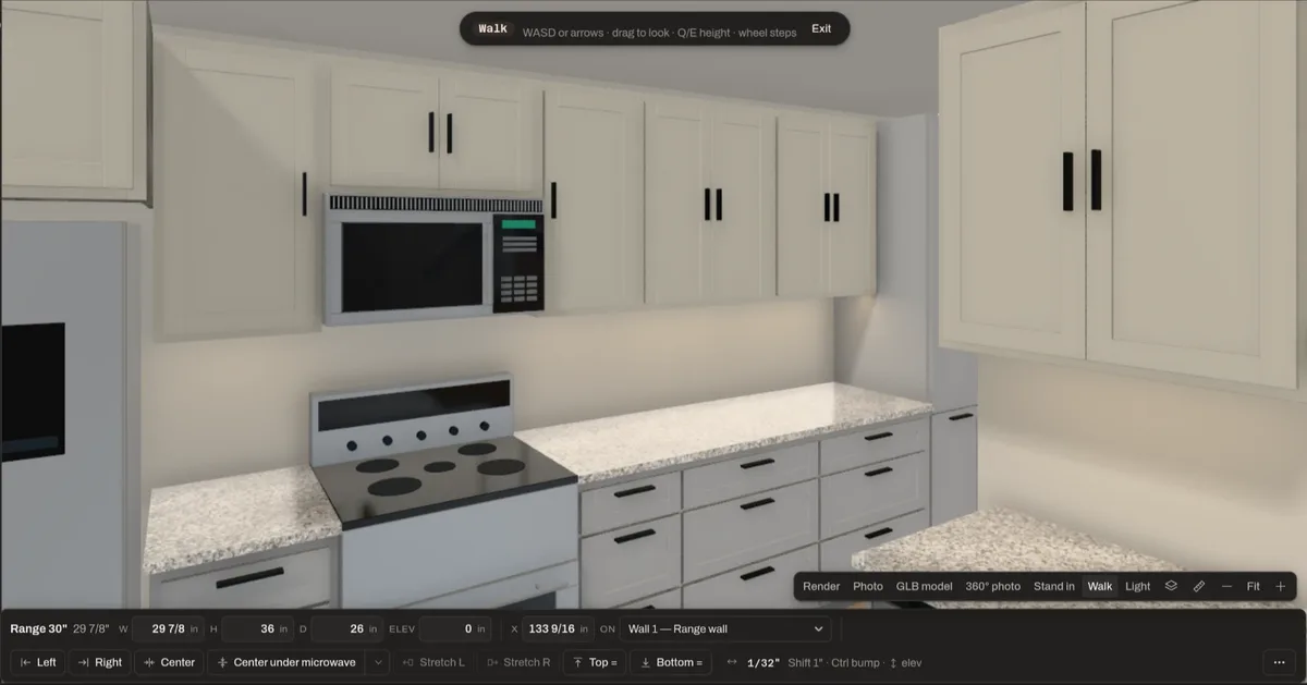A white shaker kitchen in WoodWright's walk-through view, with the range selected and its width, height, depth and position shown to the 32nd