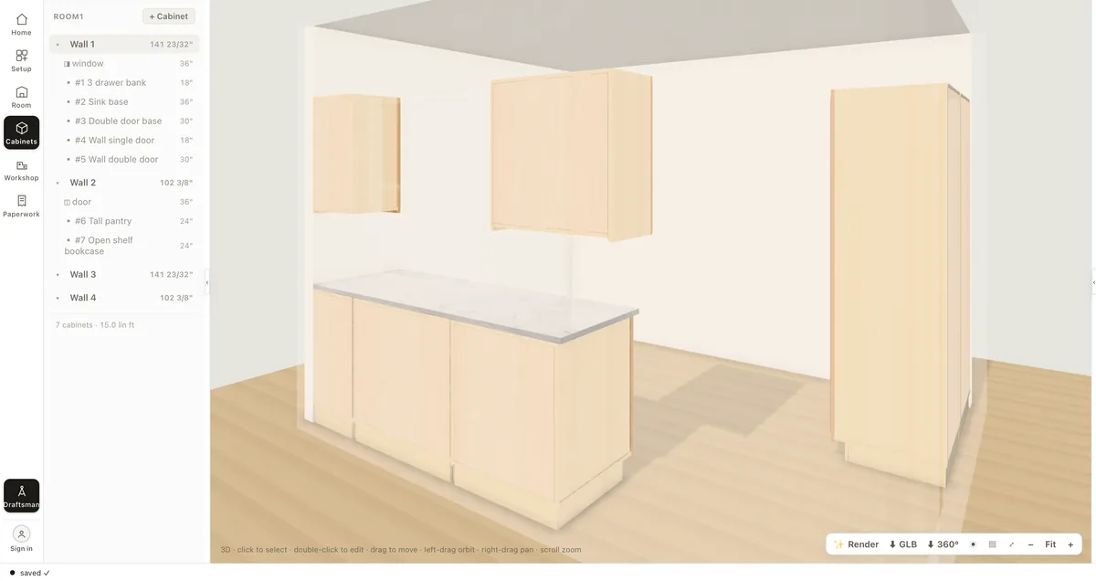 A sample L-shaped kitchen in WoodWright's 3D view — seven cabinets across four walls, a base run under a marble countertop with a tall pantry in the corner.