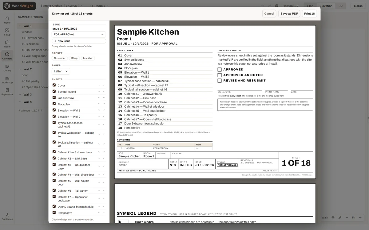 The WoodWright drawing set for the Sample Kitchen, 18 sheets: the cover with its sheet index, the approval boxes, the revision table and the title block, issue 1 for approval