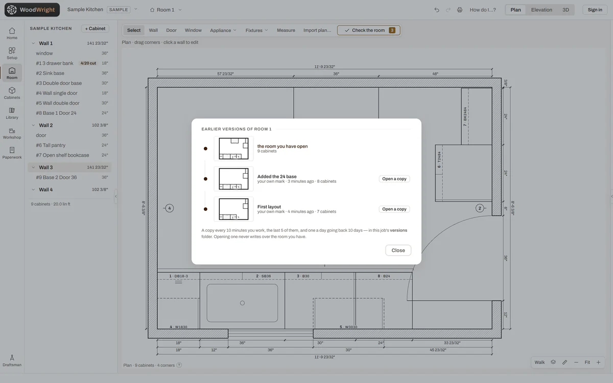 WoodWright 1.0 Earlier versions of Room 1: a timeline of three small plans, the room open now with 9 cabinets, Added the 24 base with 8, and First layout with 7, each with Open a copy