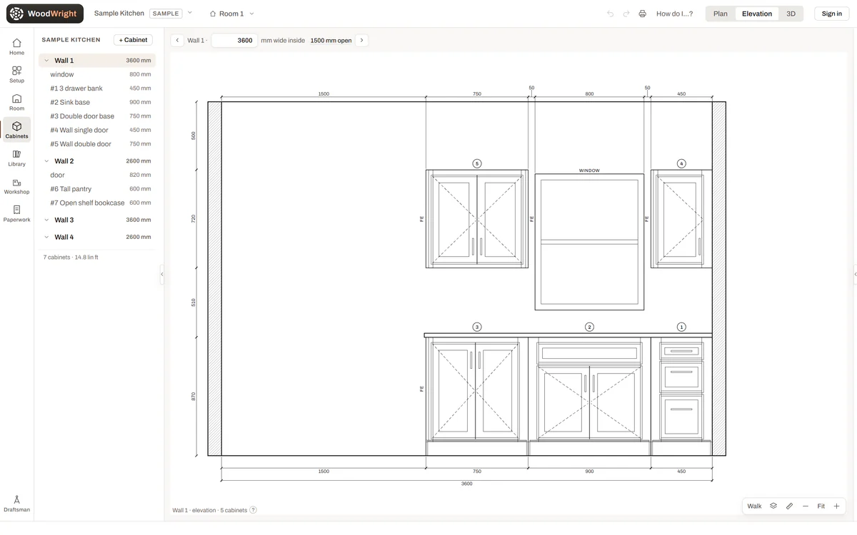 WoodWright 1.0’s metric sample kitchen, wall 1 in elevation: a 3600 mm wall with 450, 900 and 750 mm bases, 750 and 450 mm uppers either side of an 800 mm window, every dimension string in whole millimeters