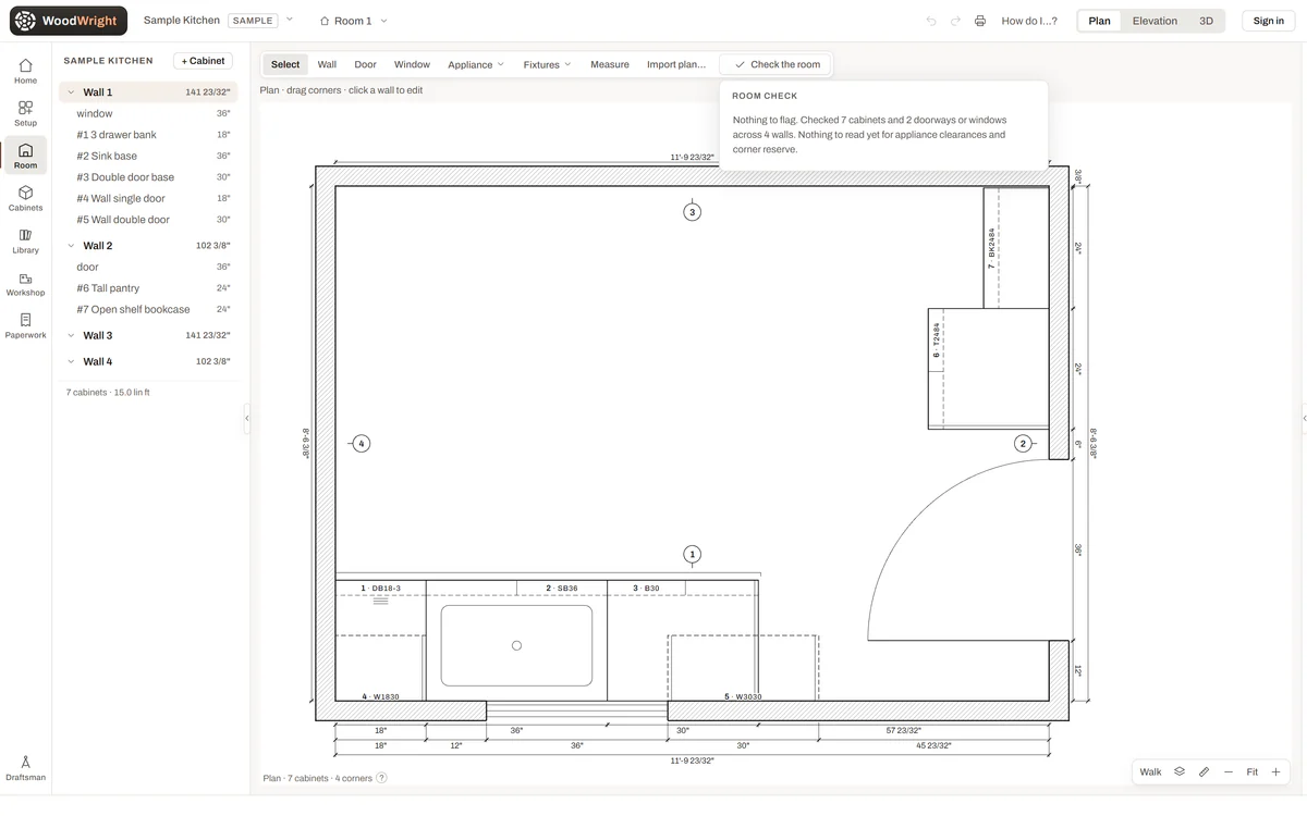 The WoodWright floor plan of the Sample Kitchen with the room check open: nothing to flag, 7 cabinets and 2 doorways or windows checked across 4 walls