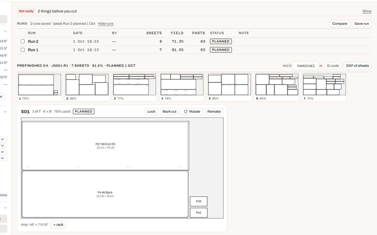 WoodWright 1.0 Sheets page on the Sample Kitchen: two runs kept (7 sheets at 81.5% and 8 at 71.3%) with Compare, the seven sheets as thumbnails with their yields, the DXF of sheets button, and the first sheet with Lock and Mark cut