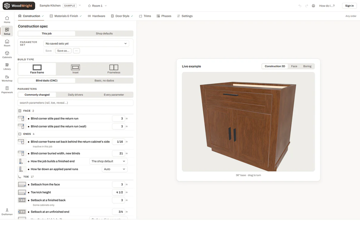 WoodWright 1.0 Setup, Construction spec: This job and Shop defaults tabs, face-frame build type, each parameter led by a small sketch of what it controls, and a live 36 inch base turning in 3D
